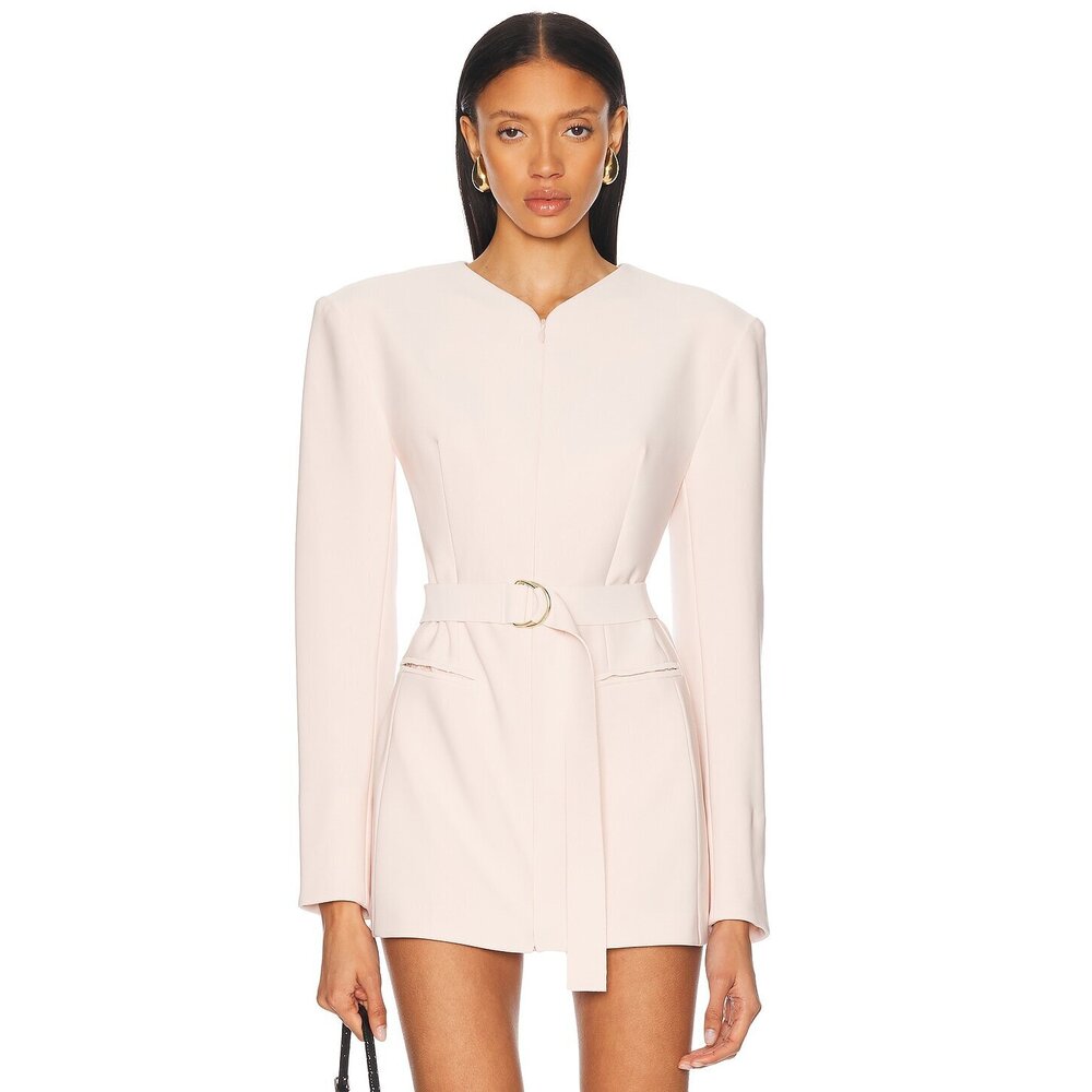 Norma Kamali Long Sleeve Shoulder Pad V Neck Zip Front Jacket in Baby medium